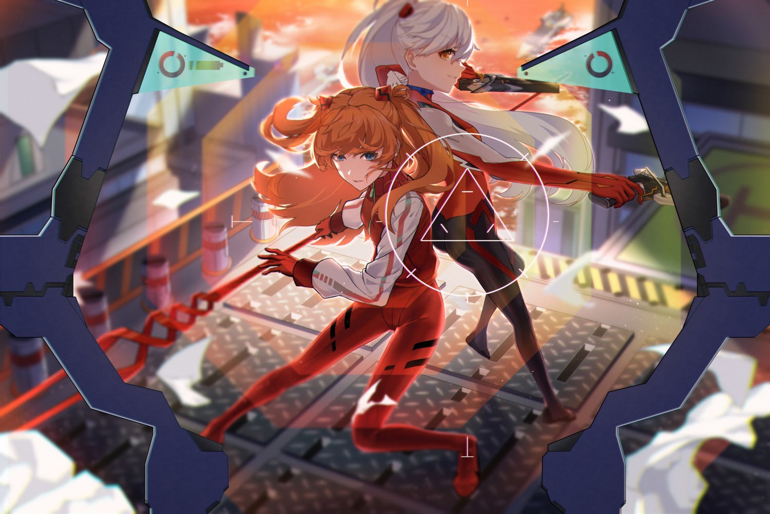 benghuai_xueyuan, bodysuit, chen_clear, crossover, honkai_impact, kiana_kaslana, neon_genesis_evangelion, souryuu_asuka_langley, weapon