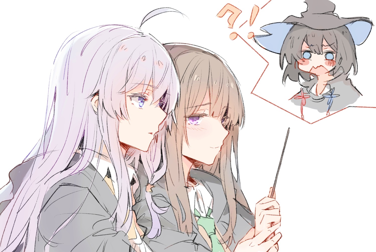 elaina_(majotabi), fishy, majo_no_tabitabi, saya_(majotabi), sketch, weapon, yuri