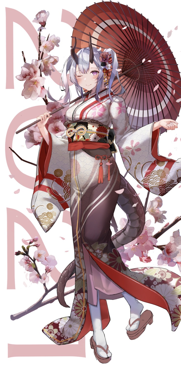 horns, kimono, shiranui_(nisioisin_sinob), tail, umbrella