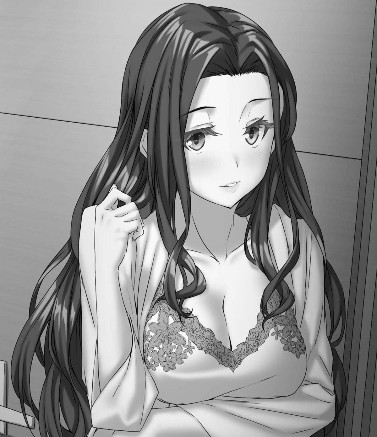 breast_hold, hanamura_marino, kannatsuki_noboru, lingerie, magical★explorer, monochrome