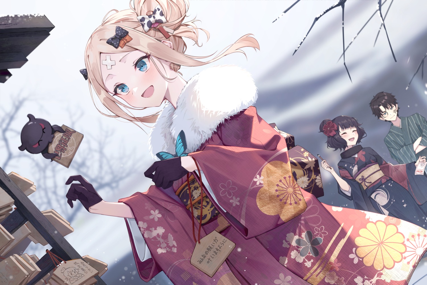 abigail_williams_(fate), bandaid, fate/grand_order, fujimaru_ritsuka_(male), katsushika_hokusai_(fate), kimono, yukishima_momo