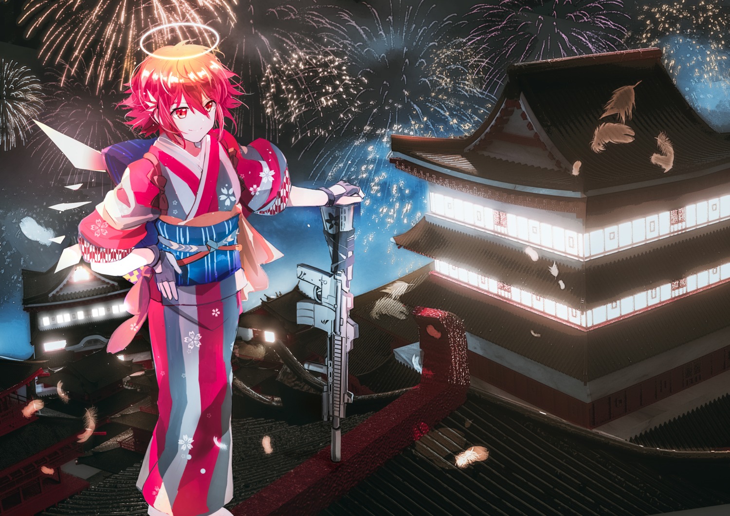 angel, arknights, exusiai_(arknights), gun, kimono, seymour, wings
