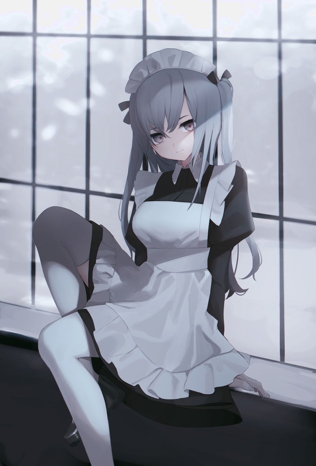 maid, migihidari_(puwako), seifuku, skirt_lift, thighhighs