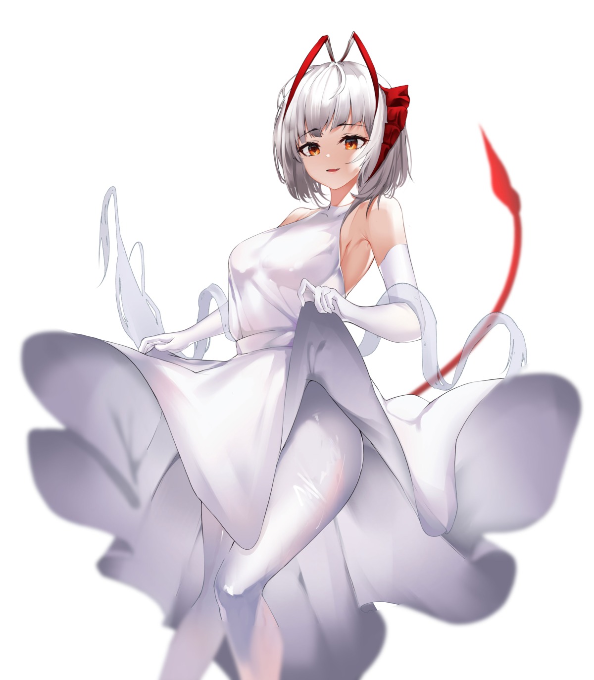 arknights, dress, horns, nevin_(flyskying), pantyhose, skirt_lift, tail, w_(arknights)