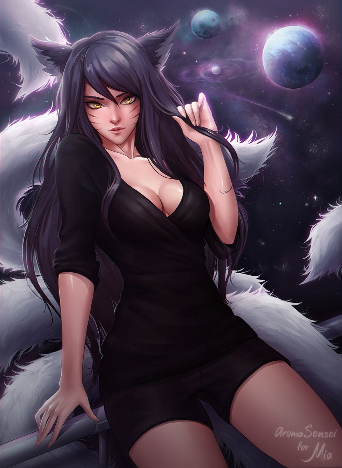 ahri, animal_ears, aroma_sensei, cleavage, kitsune, league_of_legends, no_bra, tail
