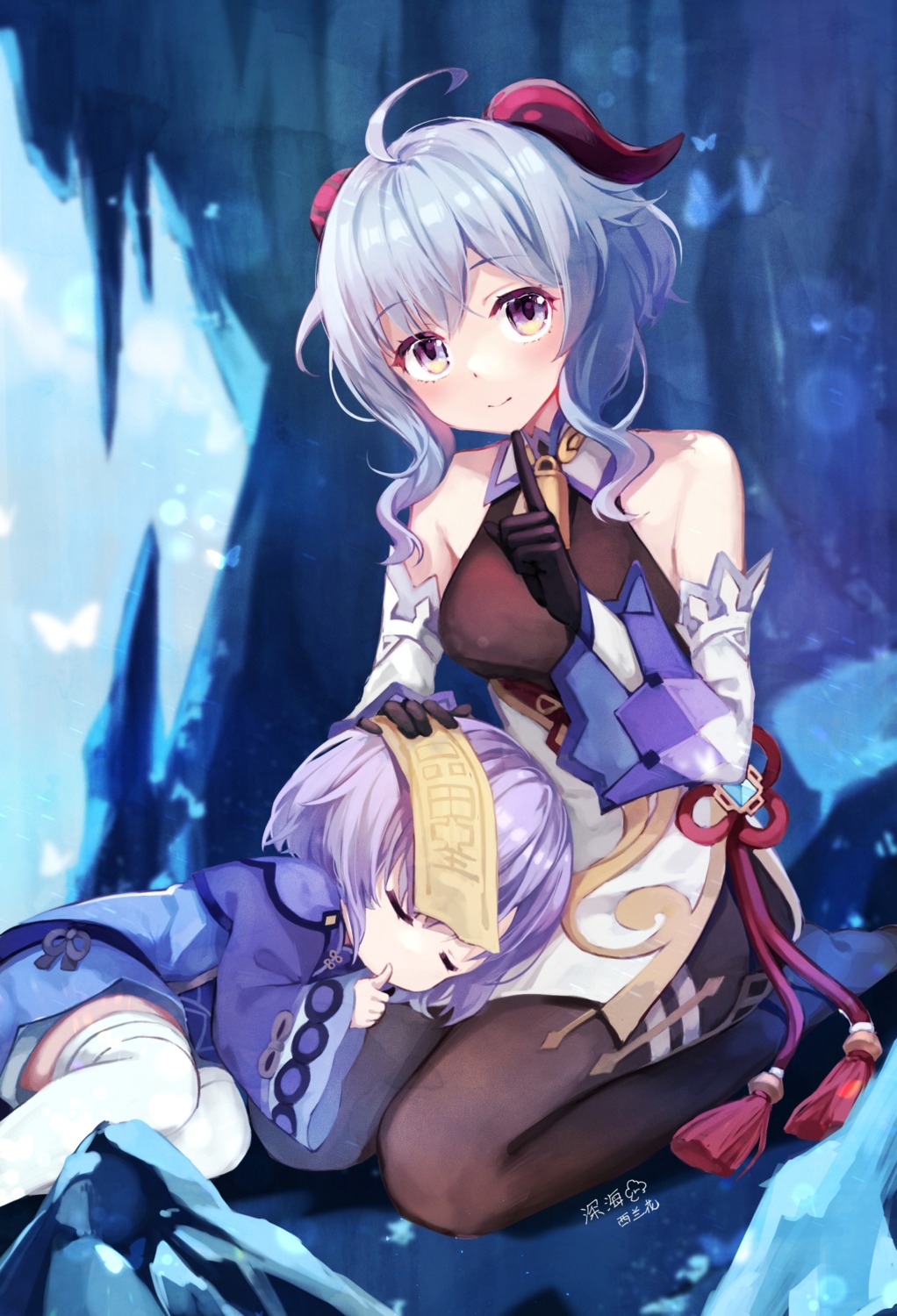 asian_clothes, bandages, ganyu, genshin_impact, horns, pantyhose, qiqi, shinkai_kokoa, thighhighs