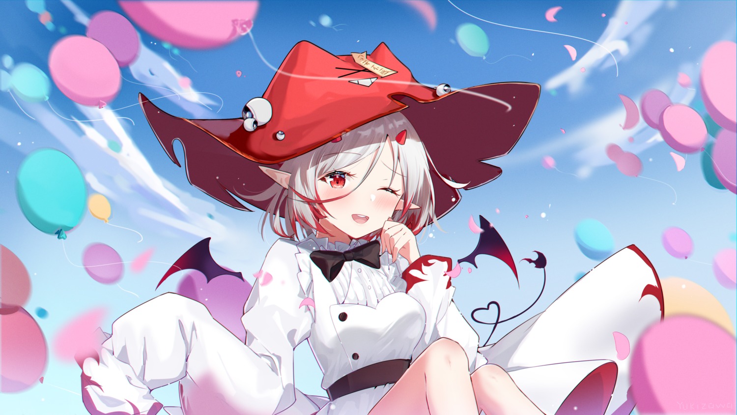 dress, pointy_ears, skirt_lift, tail, wallpaper, wings, yukizawa