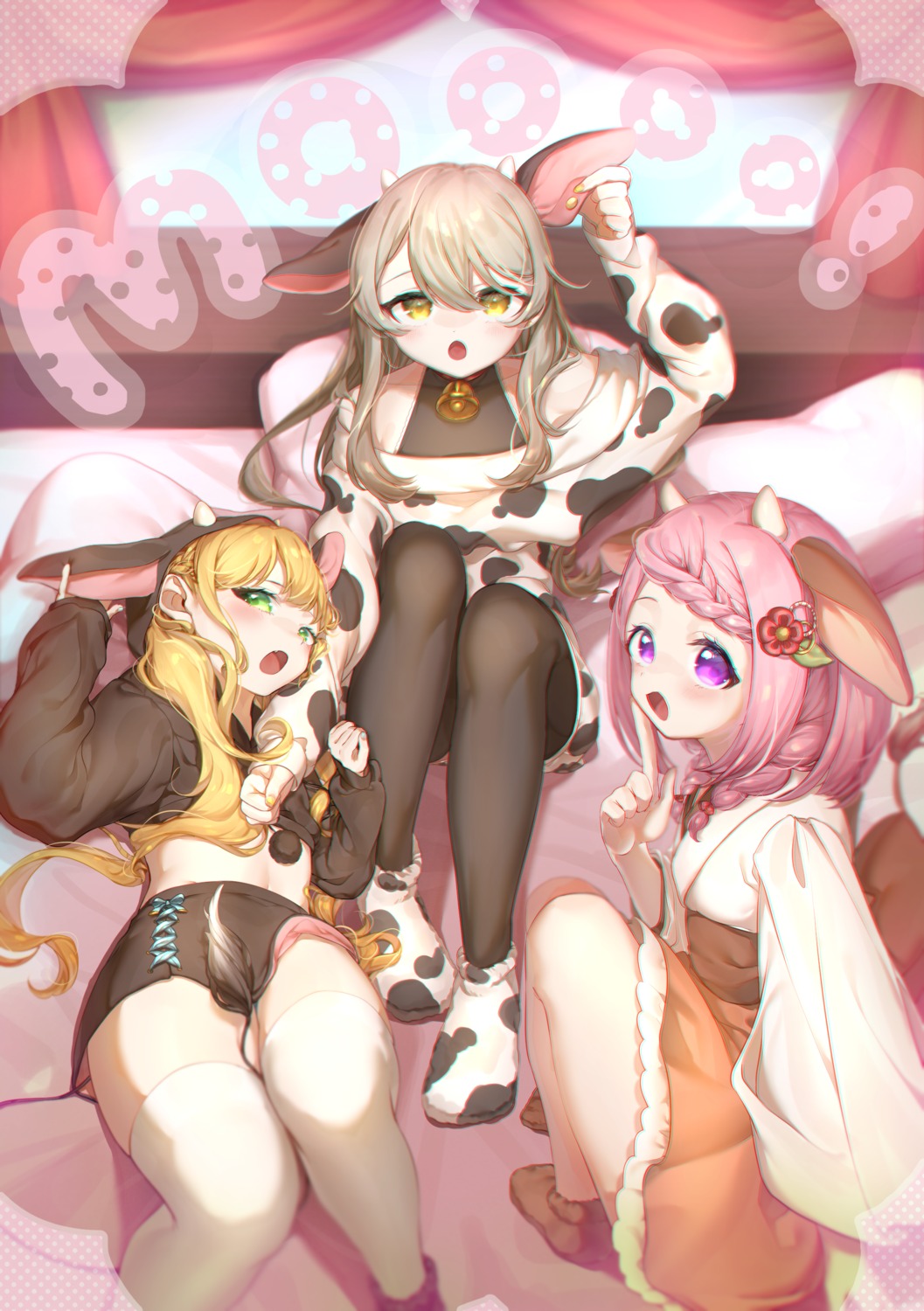 animal_ears, horns, japanese_clothes, nekono_moni, pantyhose, skirt_lift, tail, thighhighs