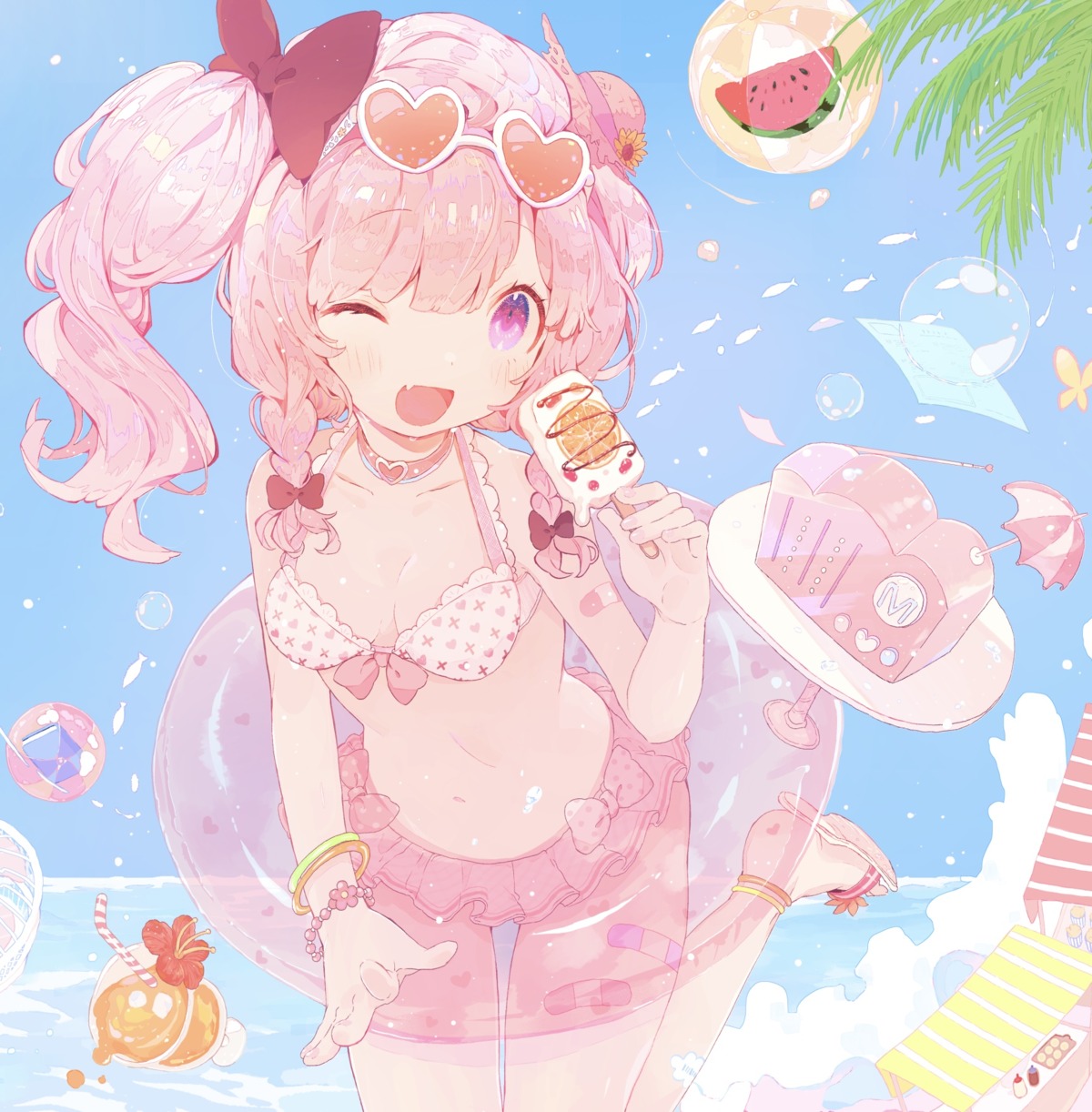 amakawatamawono, bandaid, bikini, cleavage, megane, swimsuits