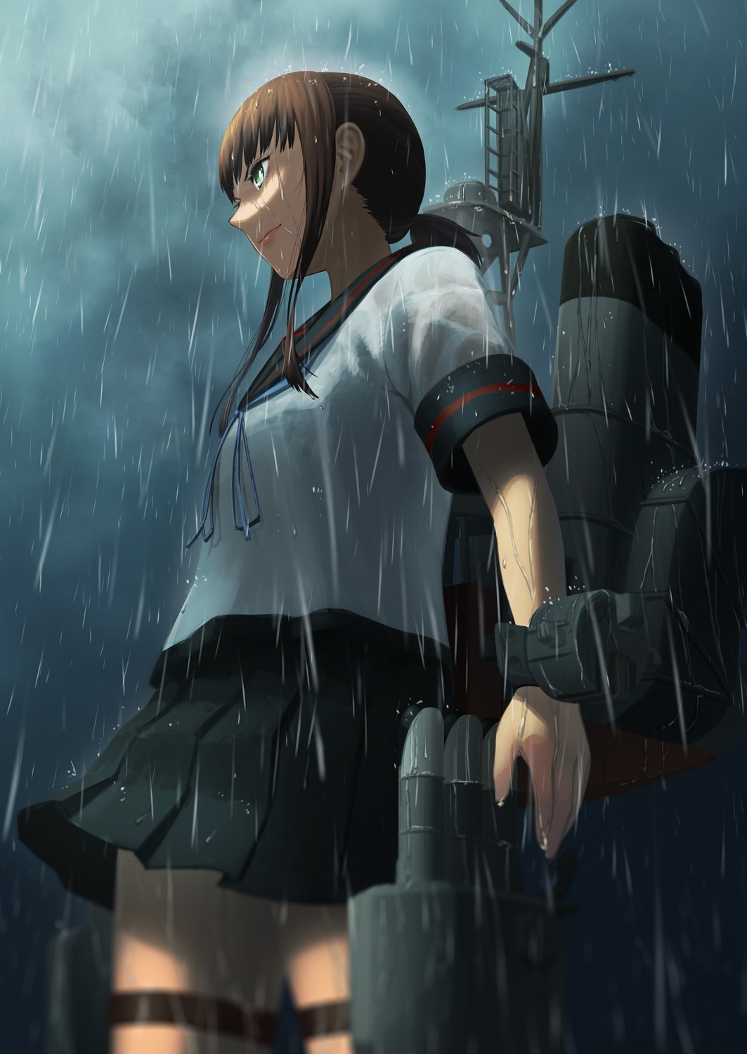 fubuki_(kancolle), garter, gun, kantai_collection, seifuku, wet, wet_clothes, yue_(tada_no_saboten)