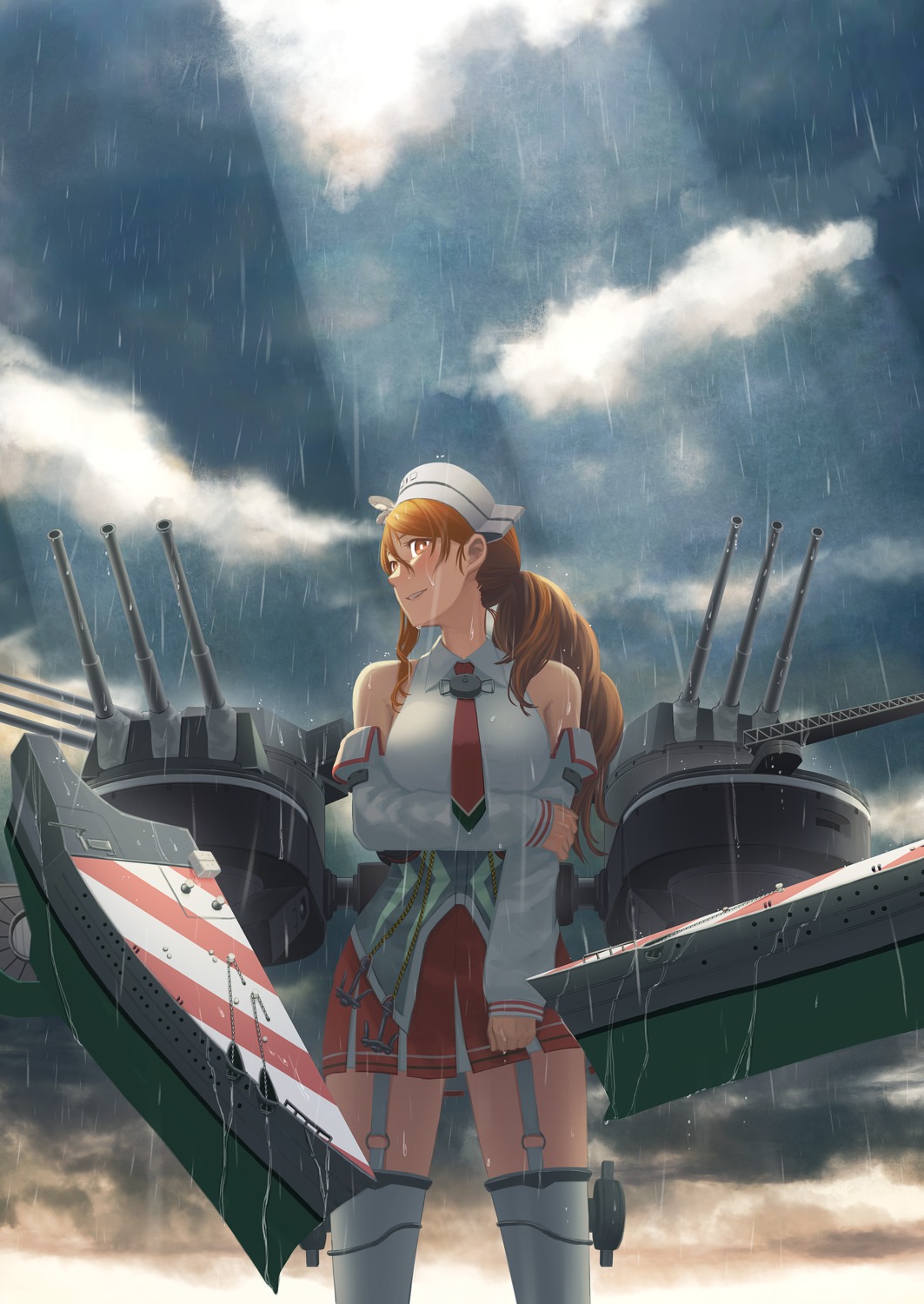 gun, kantai_collection, littorio_(kancolle), seifuku, stockings, thighhighs, wet, wet_clothes
