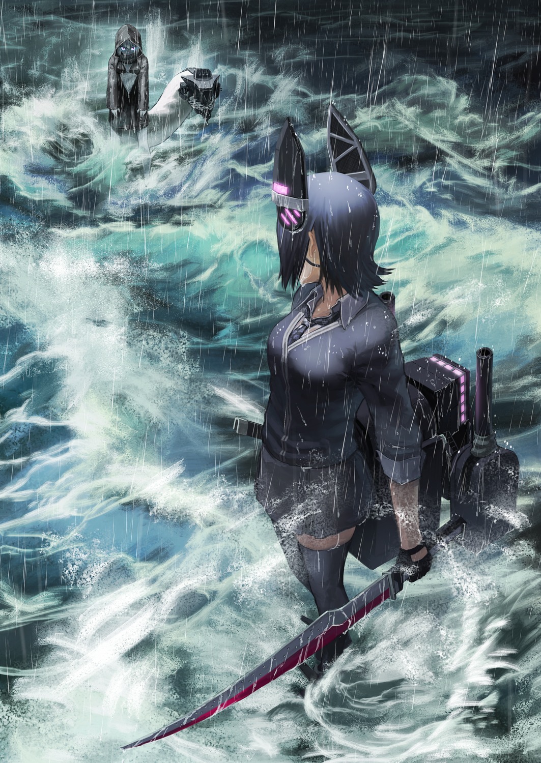 gun, kantai_collection, possible_duplicate, seifuku, sweater, sword, tenryuu_(kancolle), wet