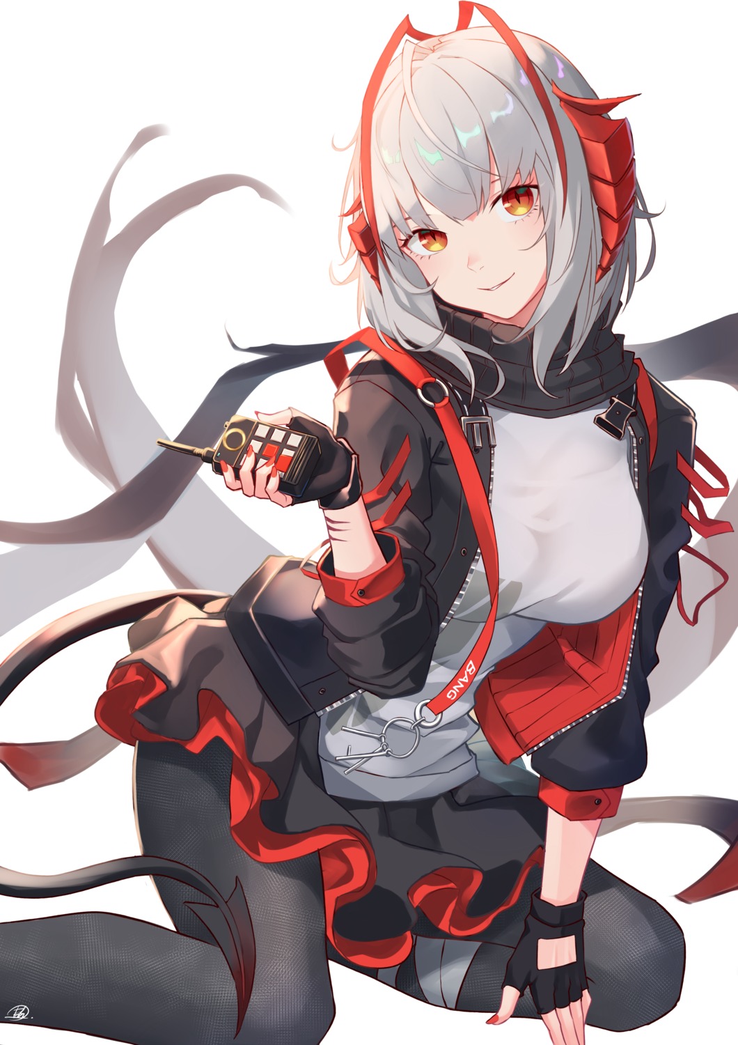 after3310, arknights, bandages, fishnets, horns, pantyhose, skirt_lift, tail