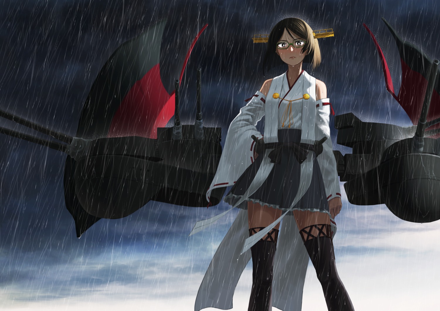 gun, japanese_clothes, kantai_collection, kirishima_(kancolle), megane, miko, thighhighs, wet