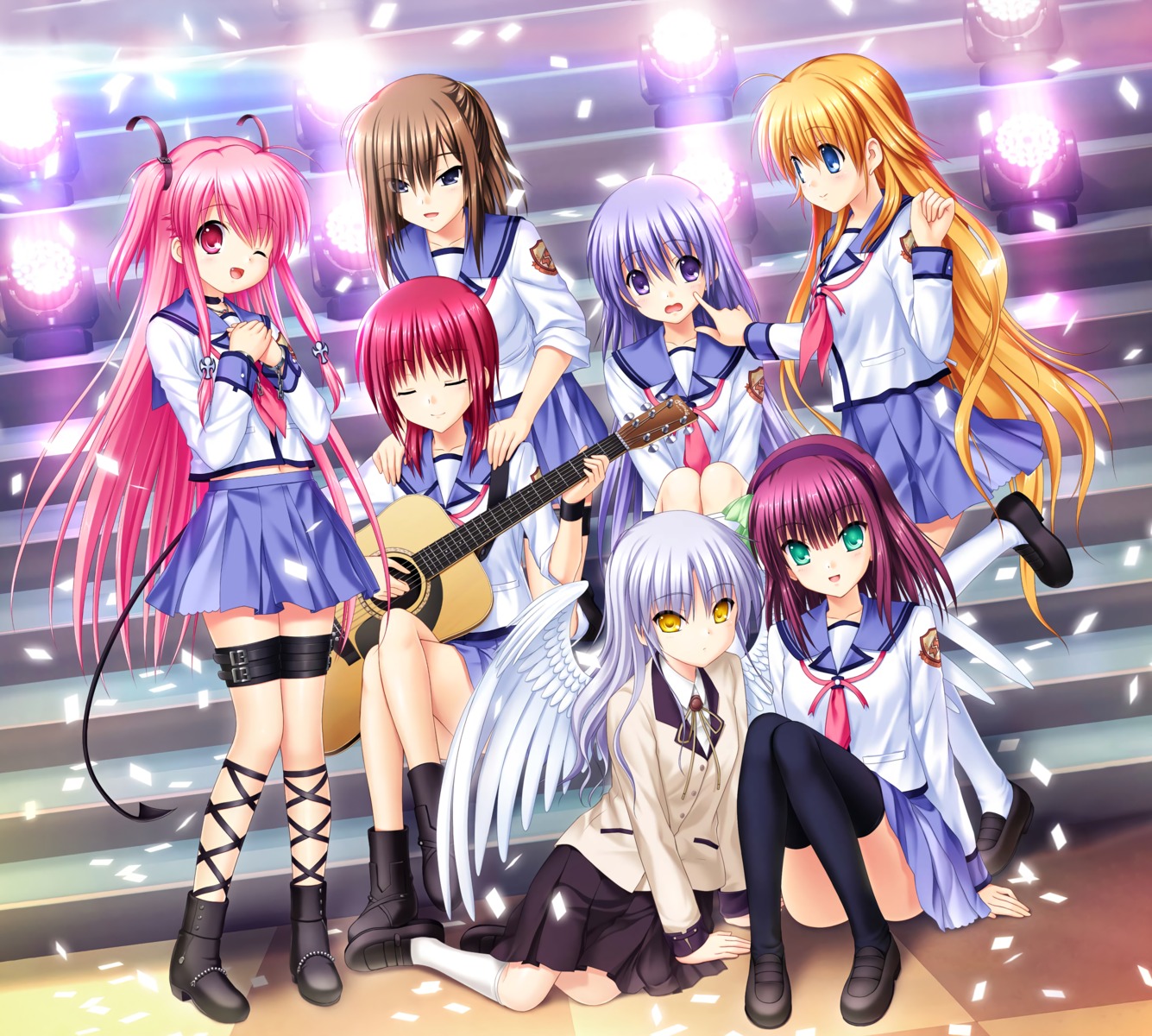 angel_beats!, disc_cover, fuchita_hisako, garter, guitar, irie_miyuki, iwasawa_masami, key, na-ga, nakamura_yuri, seifuku, sekine_shiori, skirt_lift, tachibana_kanade, thighhighs, wings, yoshioka_yui