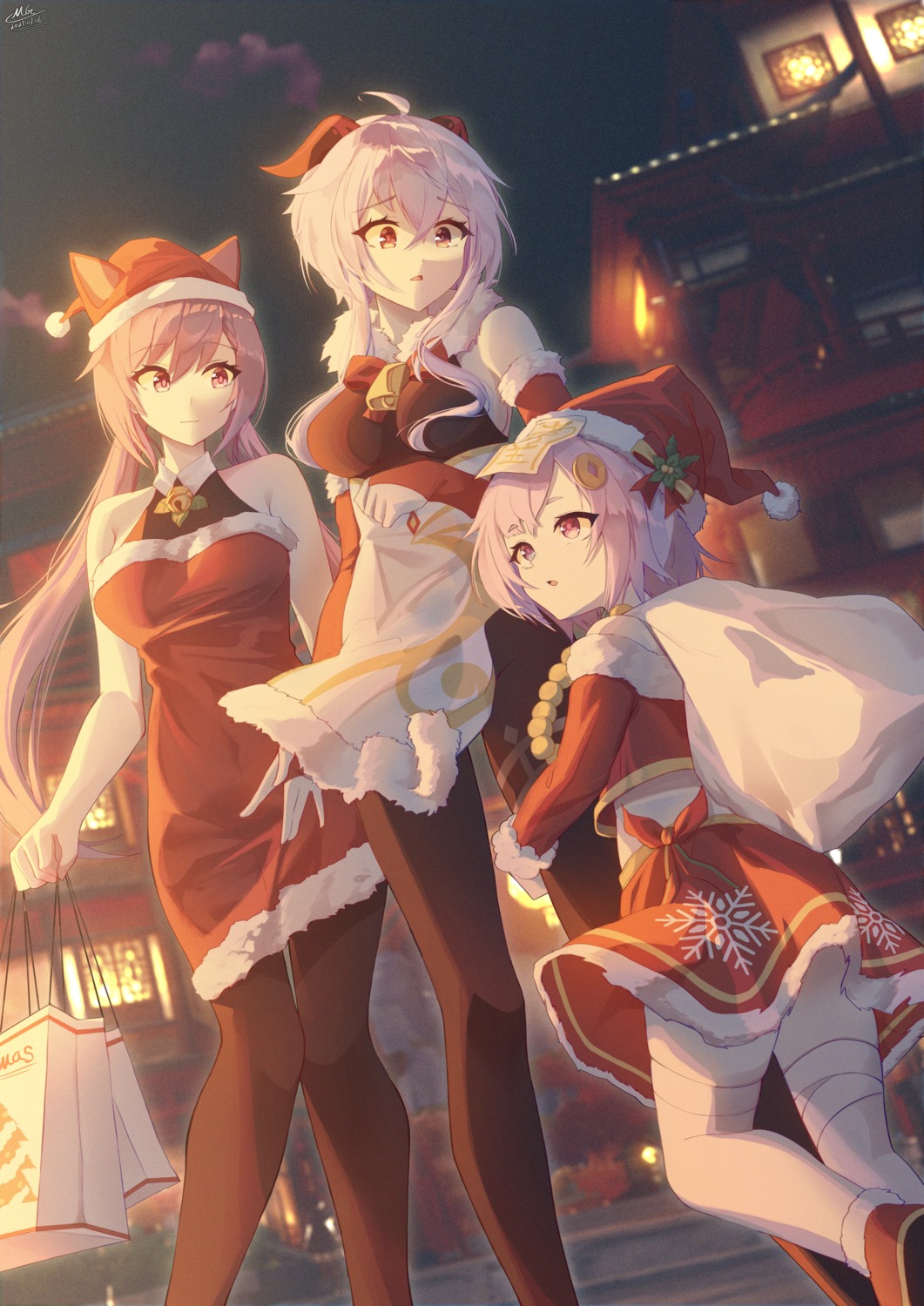asian_clothes, bandages, christmas, dress, ganyu, genshin_impact, horns, keqing