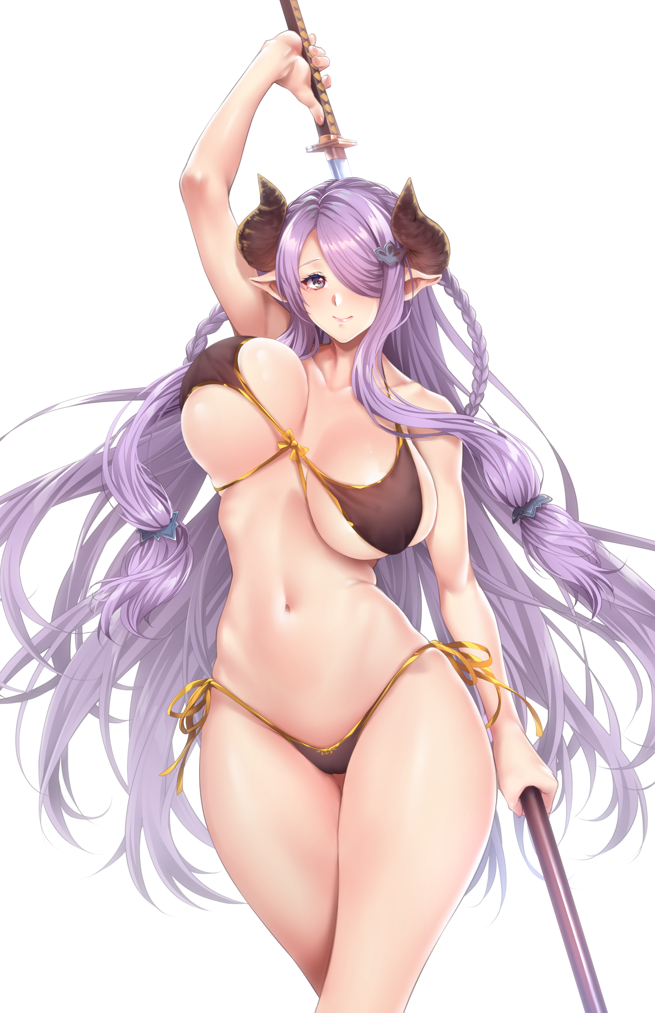 bikini, granblue_fantasy, horns, narumeia_(granblue_fantasy), pointy_ears, swimsuits, sword, zucchini