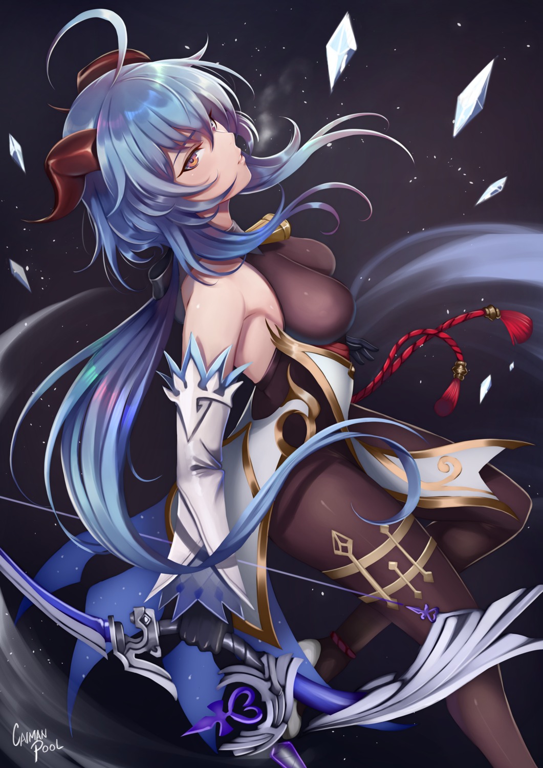 asian_clothes, bodysuit, caiman-pool, ganyu, genshin_impact, horns, weapon