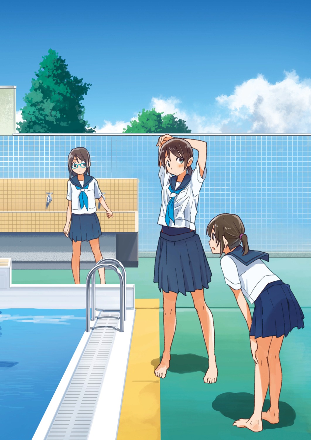 kusakabe, megane, school_swimsuit, seifuku, shirt_lift, swimsuits