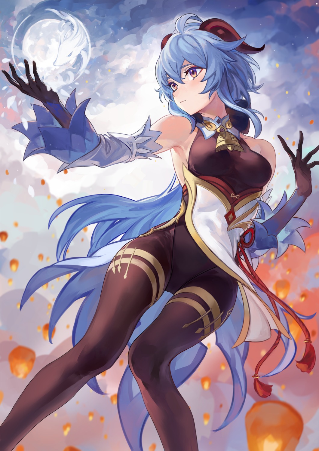 asian_clothes, ganyu, genshin_impact, horns, leotard, pantyhose, skirt_lift, z.boat