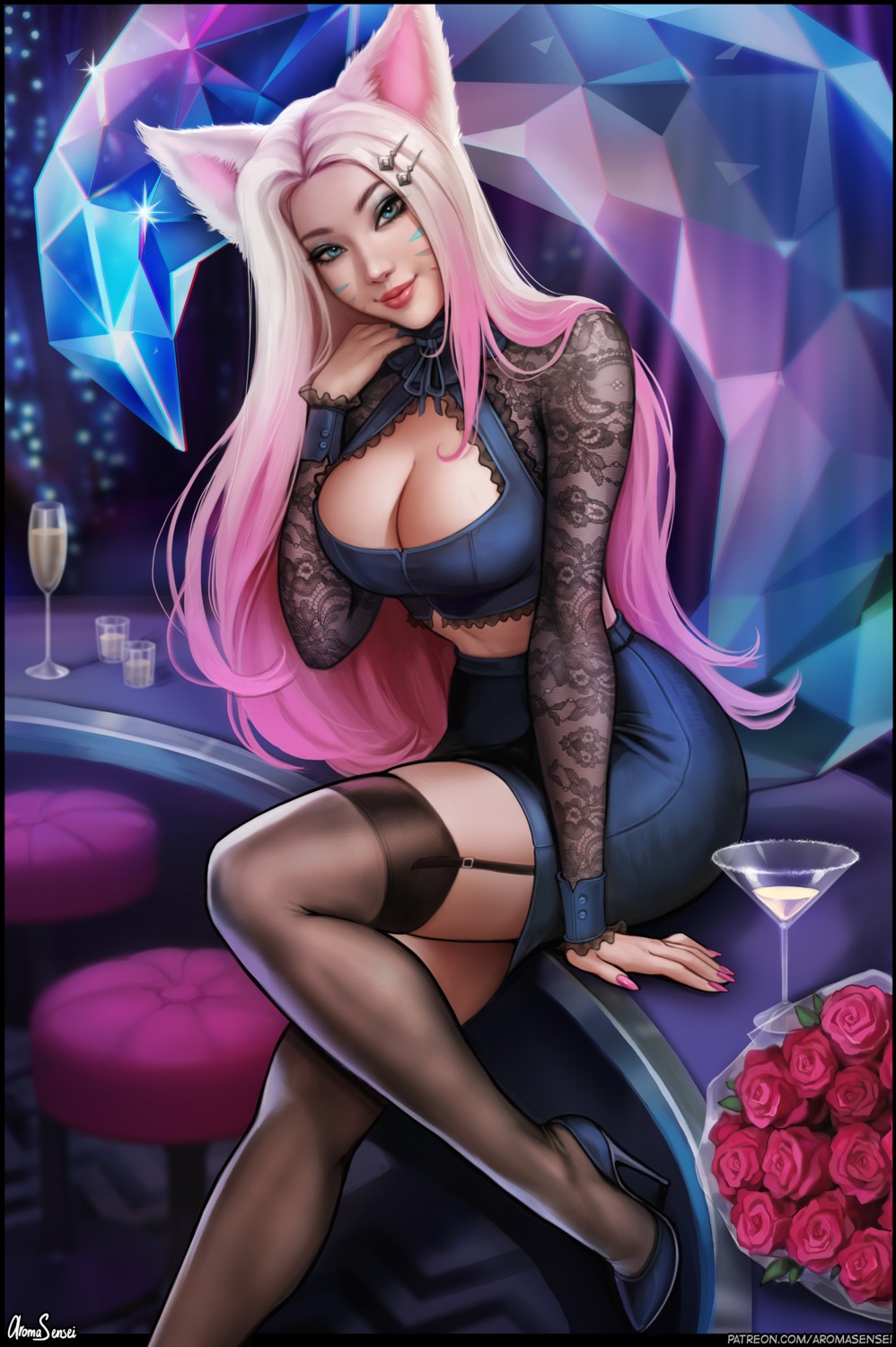 ahri, animal_ears, aroma_sensei, cleavage, heels, kitsune, league_of_legends, stockings, tail, thighhighs