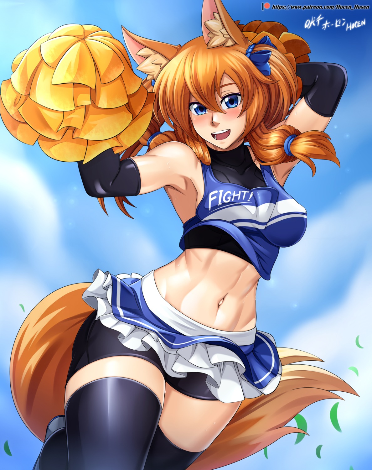animal_ears, bike_shorts, cheerleader, holcen_hosen, kitsu_(holcen_hosen), kitsune, tail, thighhighs
