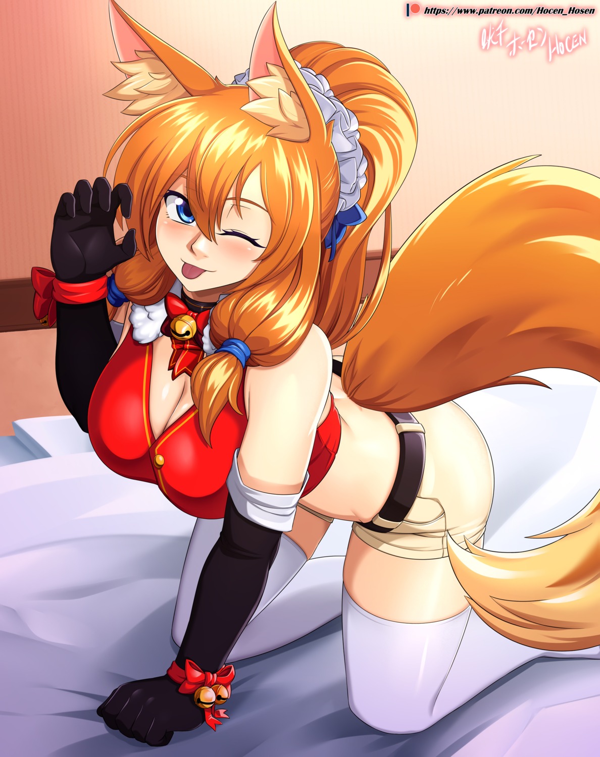 animal_ears, christmas, cleavage, holcen_hosen, kitsu_(holcen_hosen), kitsune, tail, thighhighs