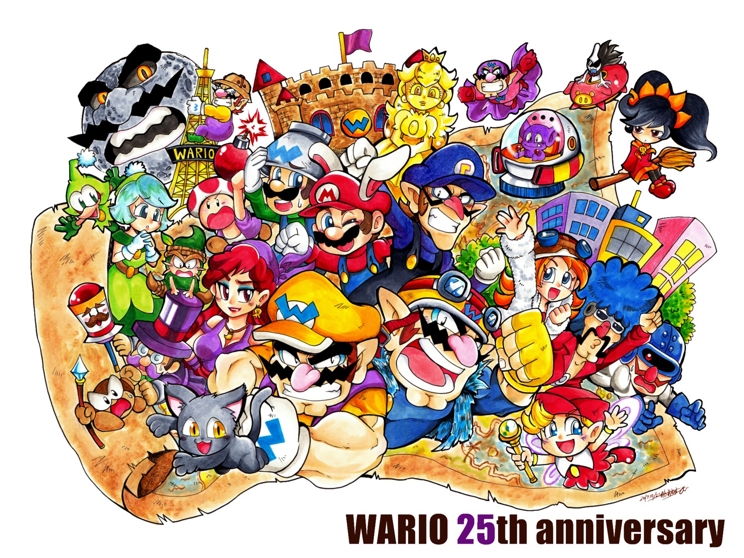 ashley_(warioware), captain_syrup, cleavage, dress, luigi, mona_(warioware), neko, pointy_ears