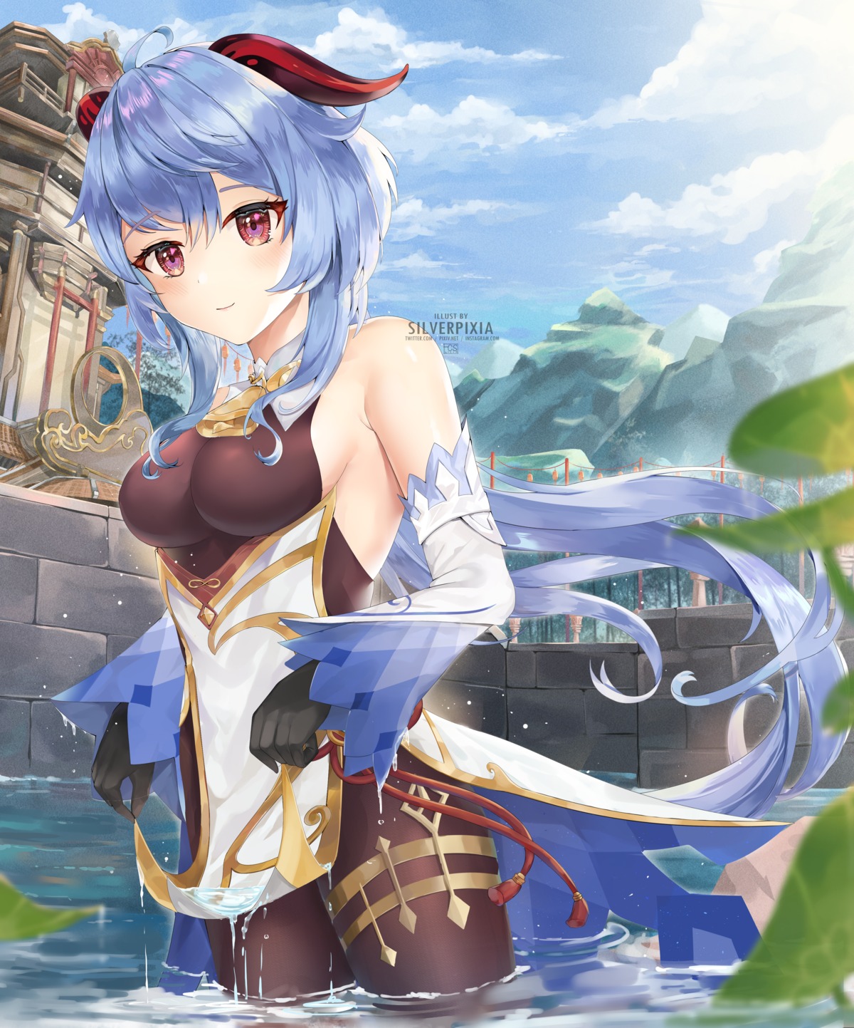 asian_clothes, bodysuit, ganyu, garter, genshin_impact, horns, no_bra, silverpixia