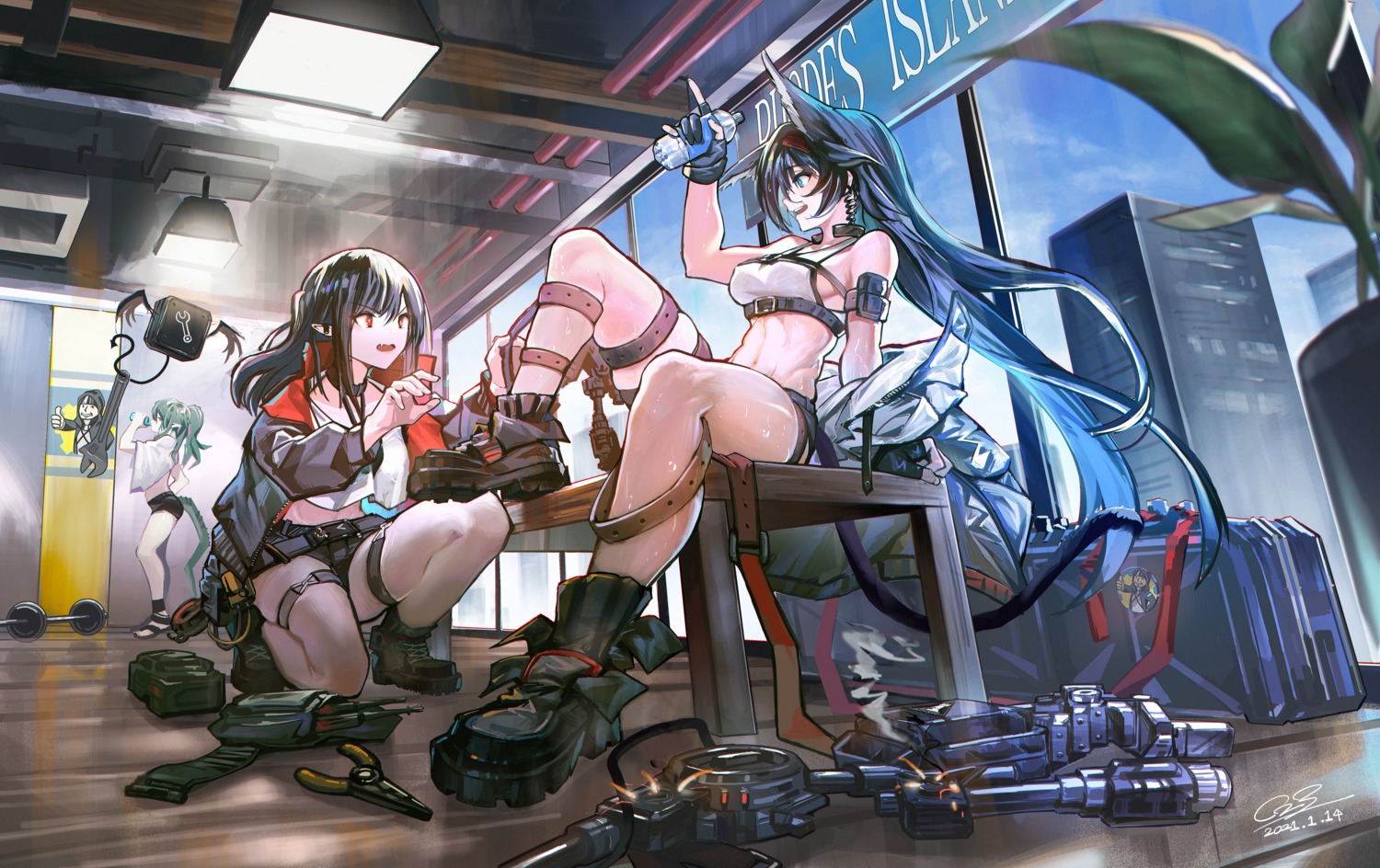 animal_ears, arknights, blaze_(arknights), closure_(arknights), gaanc_23_(tomosuge), garter, gavial_(arknights), pointy_ears
