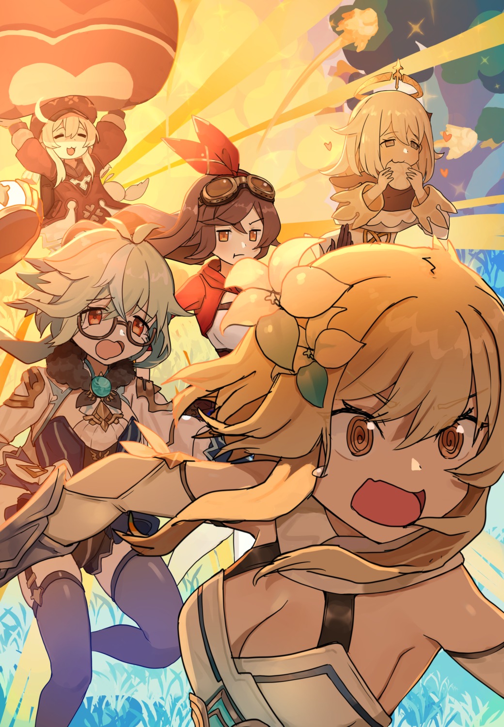 amber_(genshin_impact), barbara_(genshin_impact), cleavage, genshin_impact, klee, megane, moutama, no_bra, paimon, stockings, sucrose, thighhighs