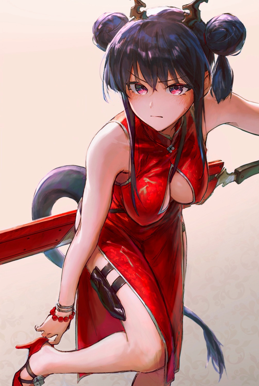 arknights, ch'en_(arknights), chinadress, garter, heels, horns, no_bra, sword