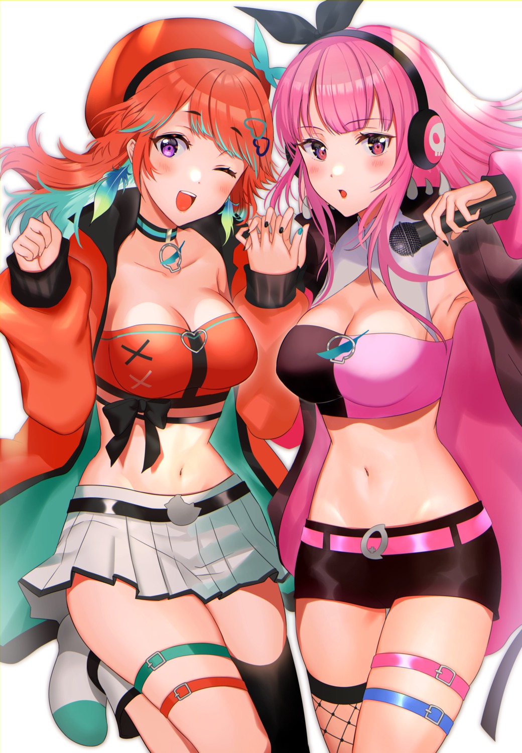 cleavage, fishnets, garter, headphones, hololive, hololive_english, mori_calliope, niwata0
