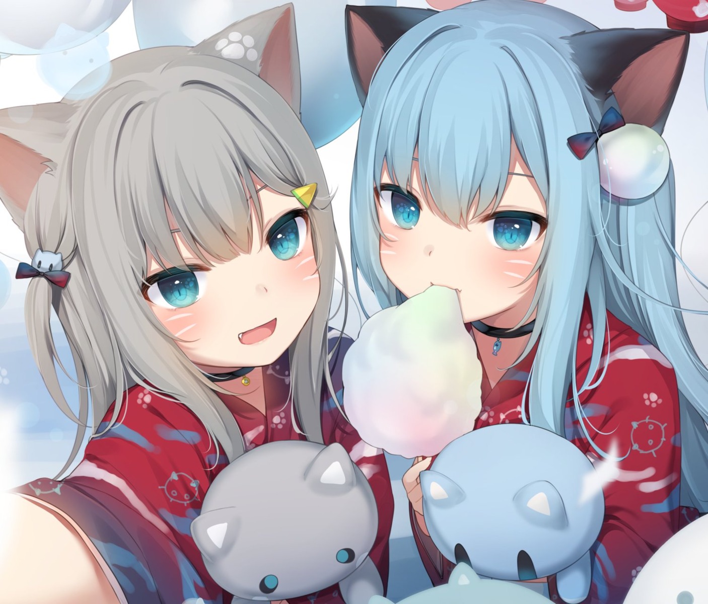 amashiro_natsuki, animal_ears, indie_virtual_youtuber, nacho_(amashiro_natsuki), nekoha_shizuku, nekomimi, yukata