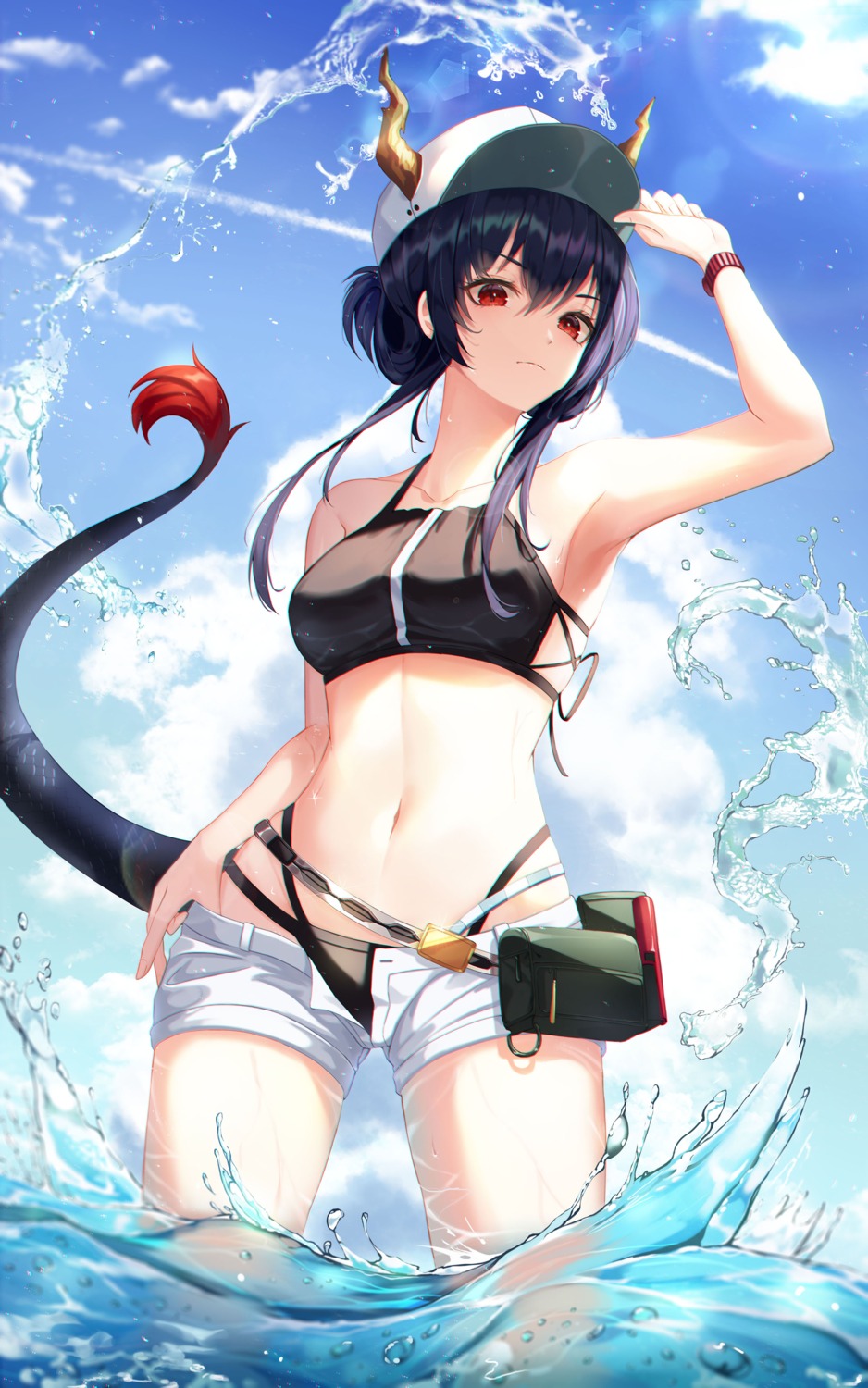 arknights, bikini, ch'en_(arknights), fall_(aki), horns, swimsuits, tail, wet