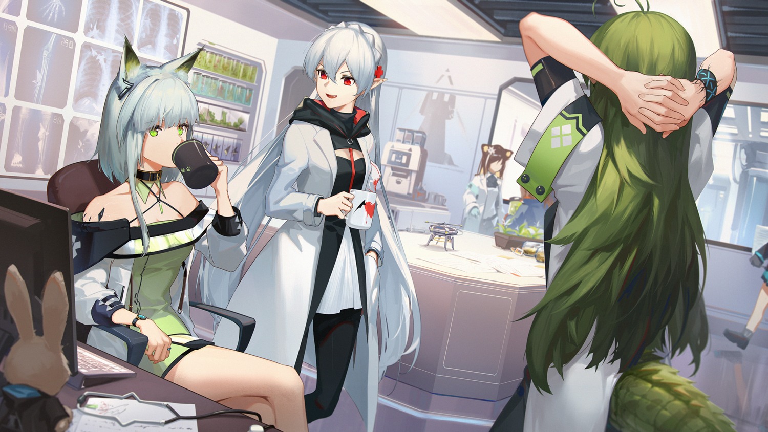 3four, animal_ears, arknights, dress, folinic_(arknights), gavial_(arknights), kal'tsit_(arknights), pointy_ears, tail, wallpaper, warfarin_(arknights)