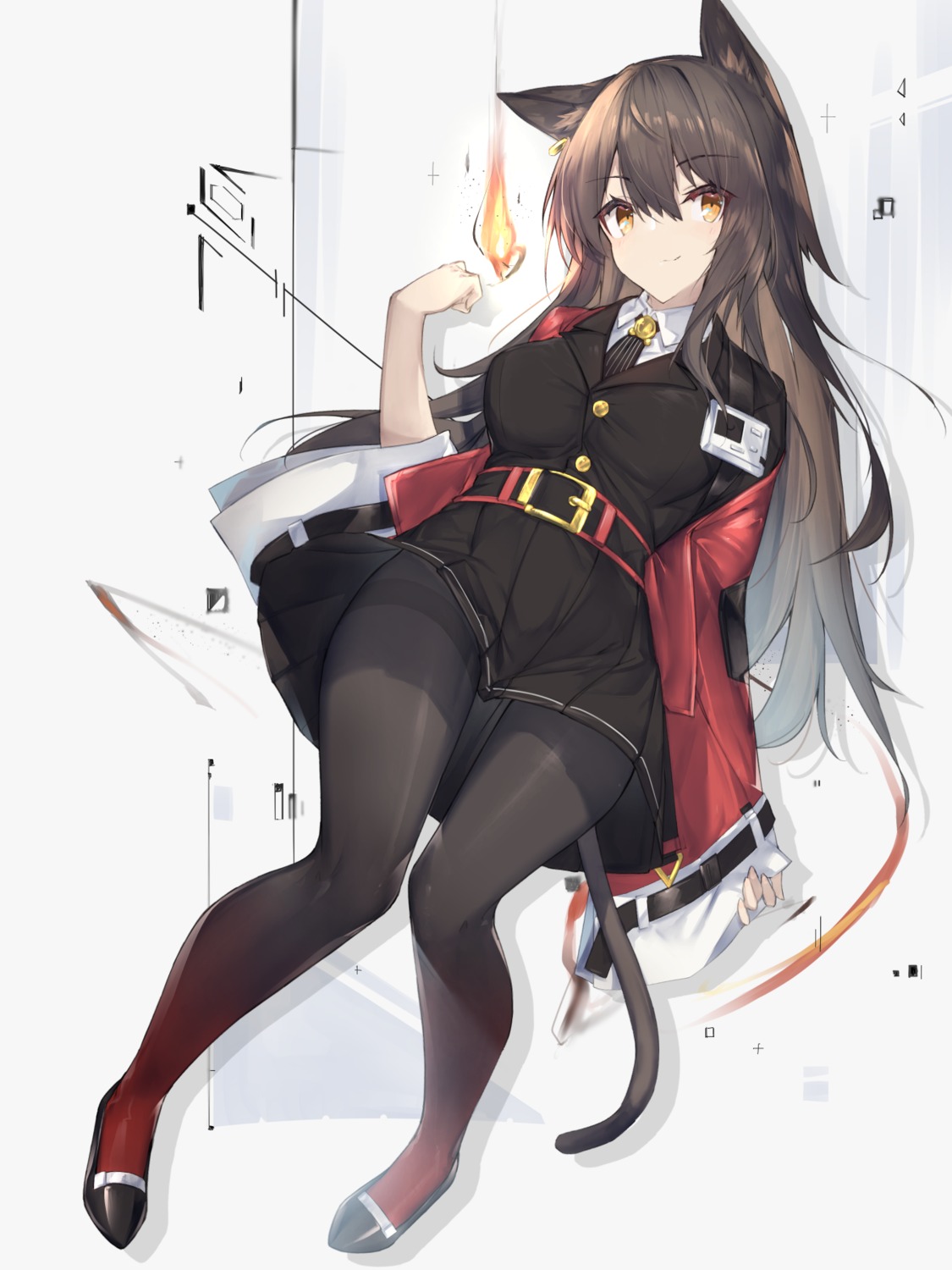 animal_ears, arknights, nekomimi, pantyhose, skirt_lift, skyfire_(arknights), tail, uniform