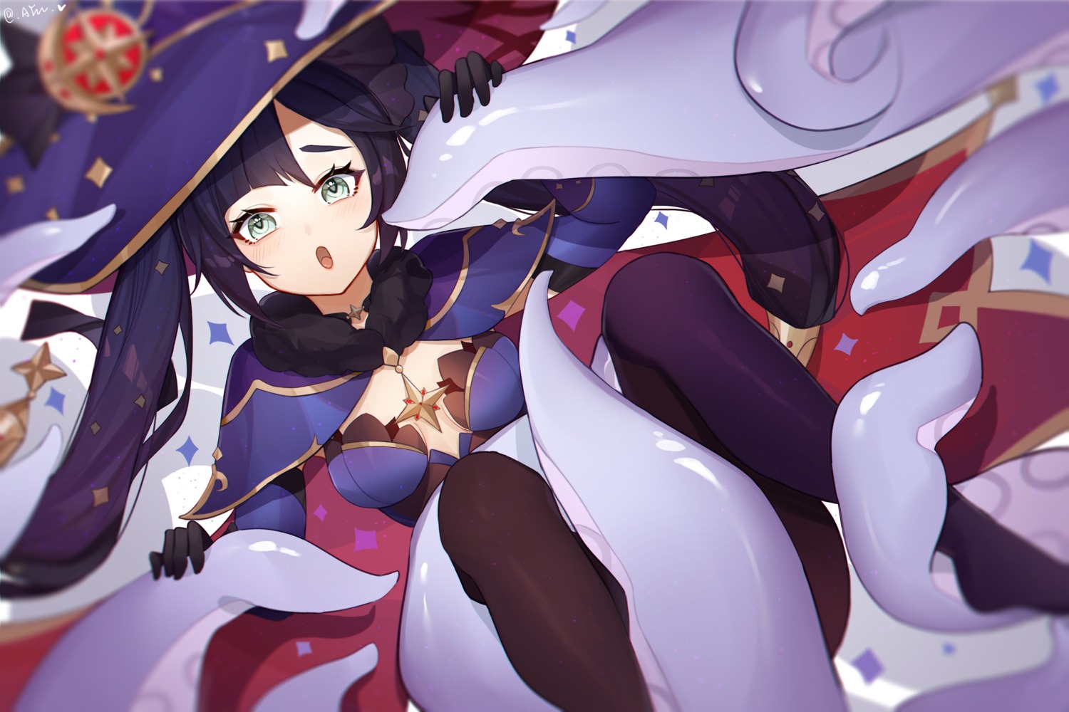 ayu_(ayuyu0924), bondage, genshin_impact, mona_megistus, no_bra, pantyhose, tentacles, witch