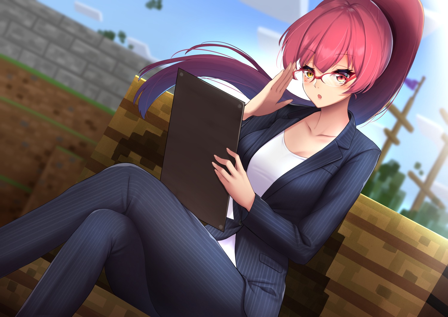 business_suit, cleavage, heterochromia, hololive, houshou_marine, megane, minecraft, mugino0515