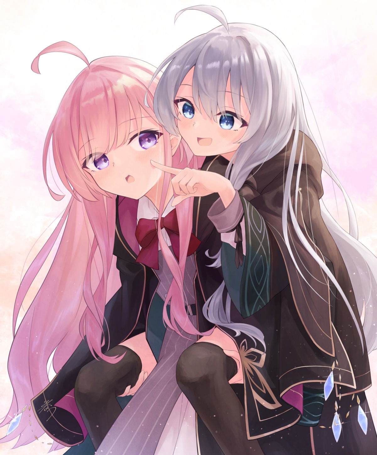 elaina_(majotabi), houki_(majotabi), majo_no_tabitabi, minau37, seifuku, thighhighs, yuri