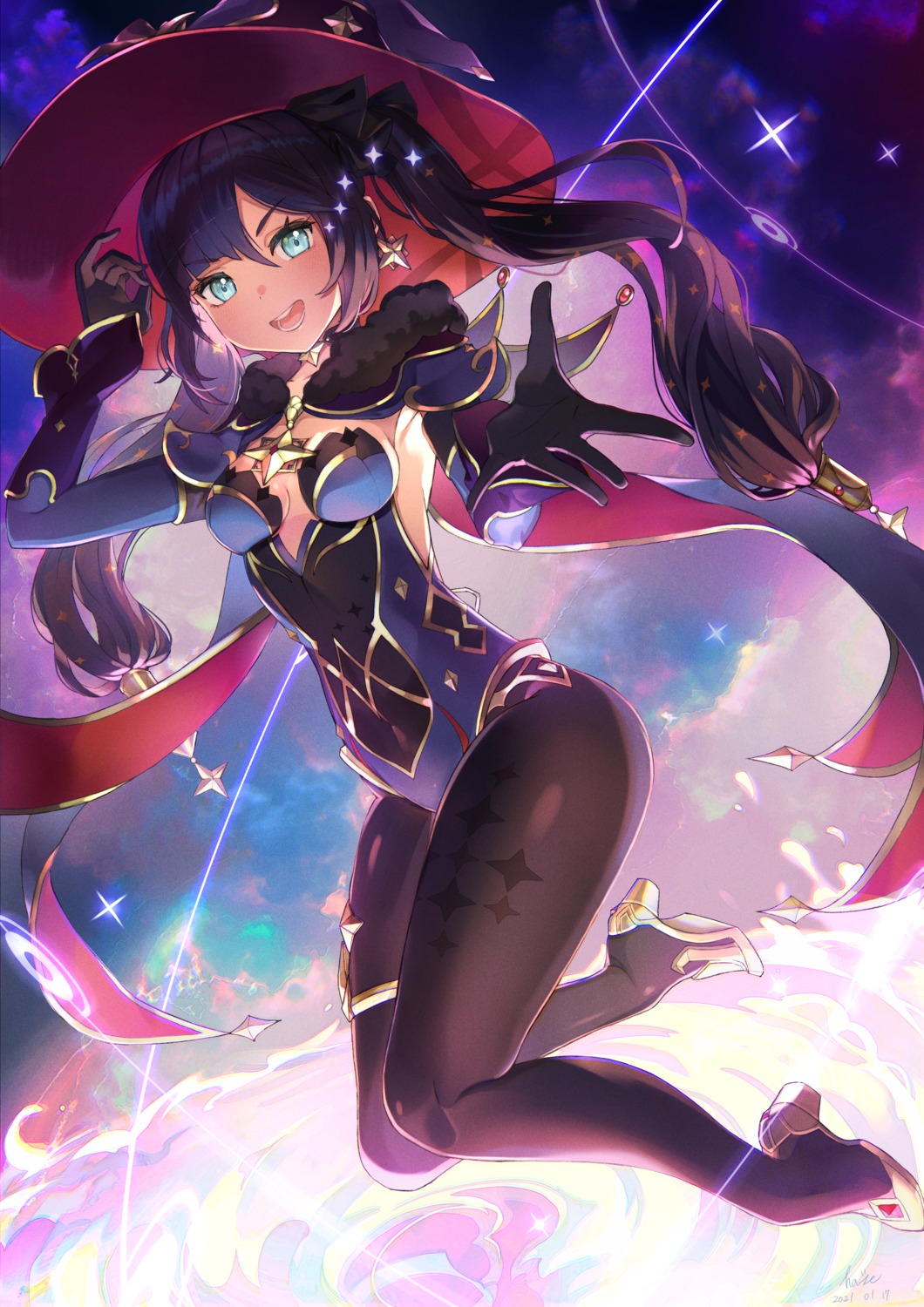 garter, genshin_impact, heels, mona_megistus, no_bra, pantyhose, ta-to_(sprout), witch