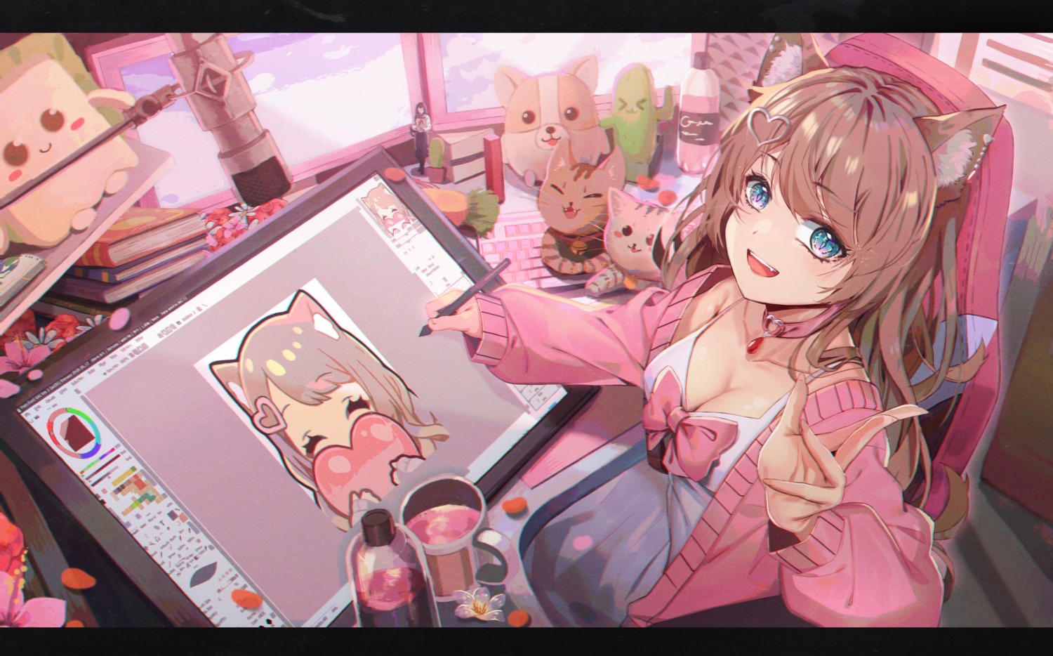 animal_ears, cleavage, daikazoku63, neko, nekomimi, sweater