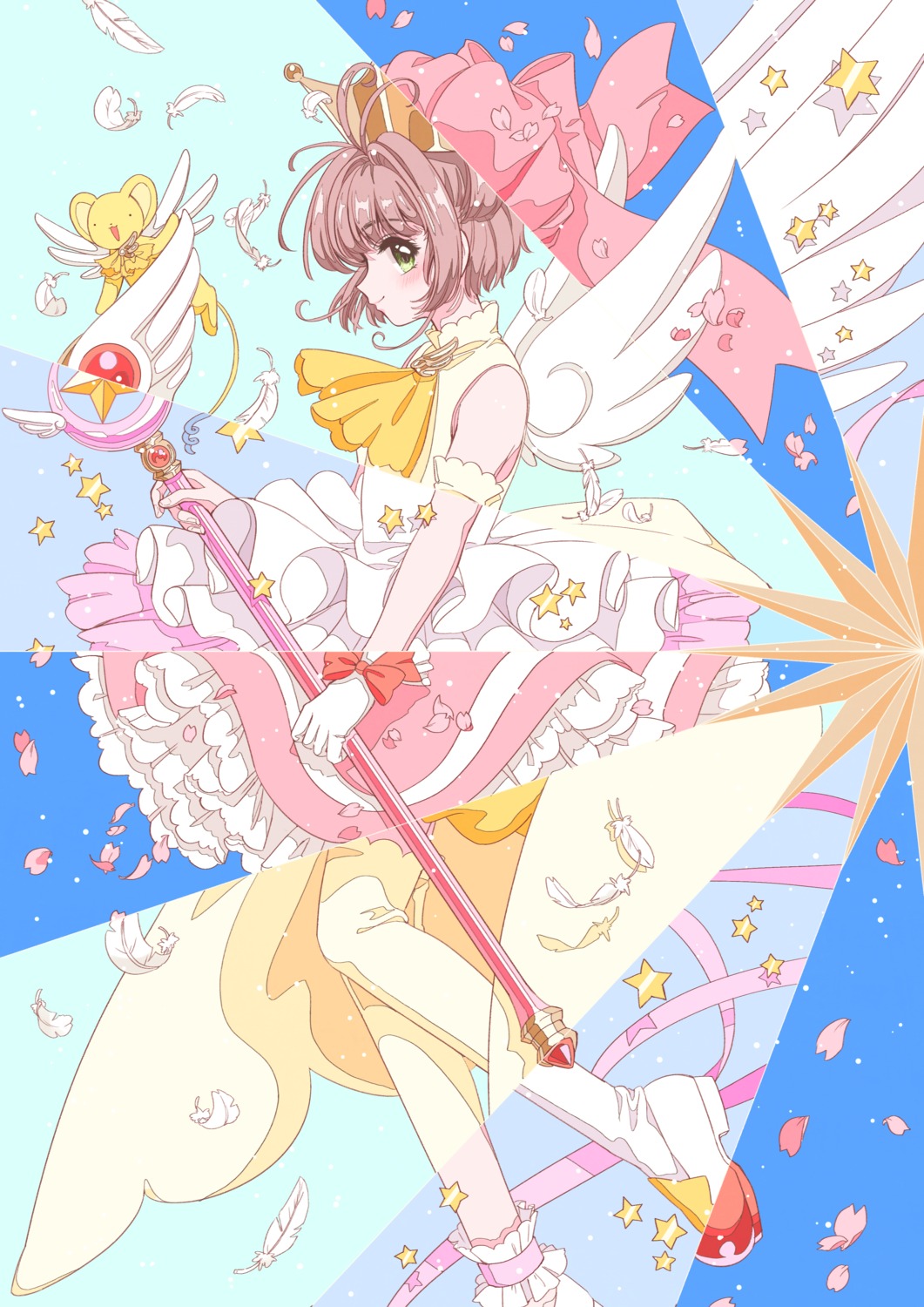 card_captor_sakura, dress, kerberos, kinomoto_sakura, kisumi_rei, weapon, wings