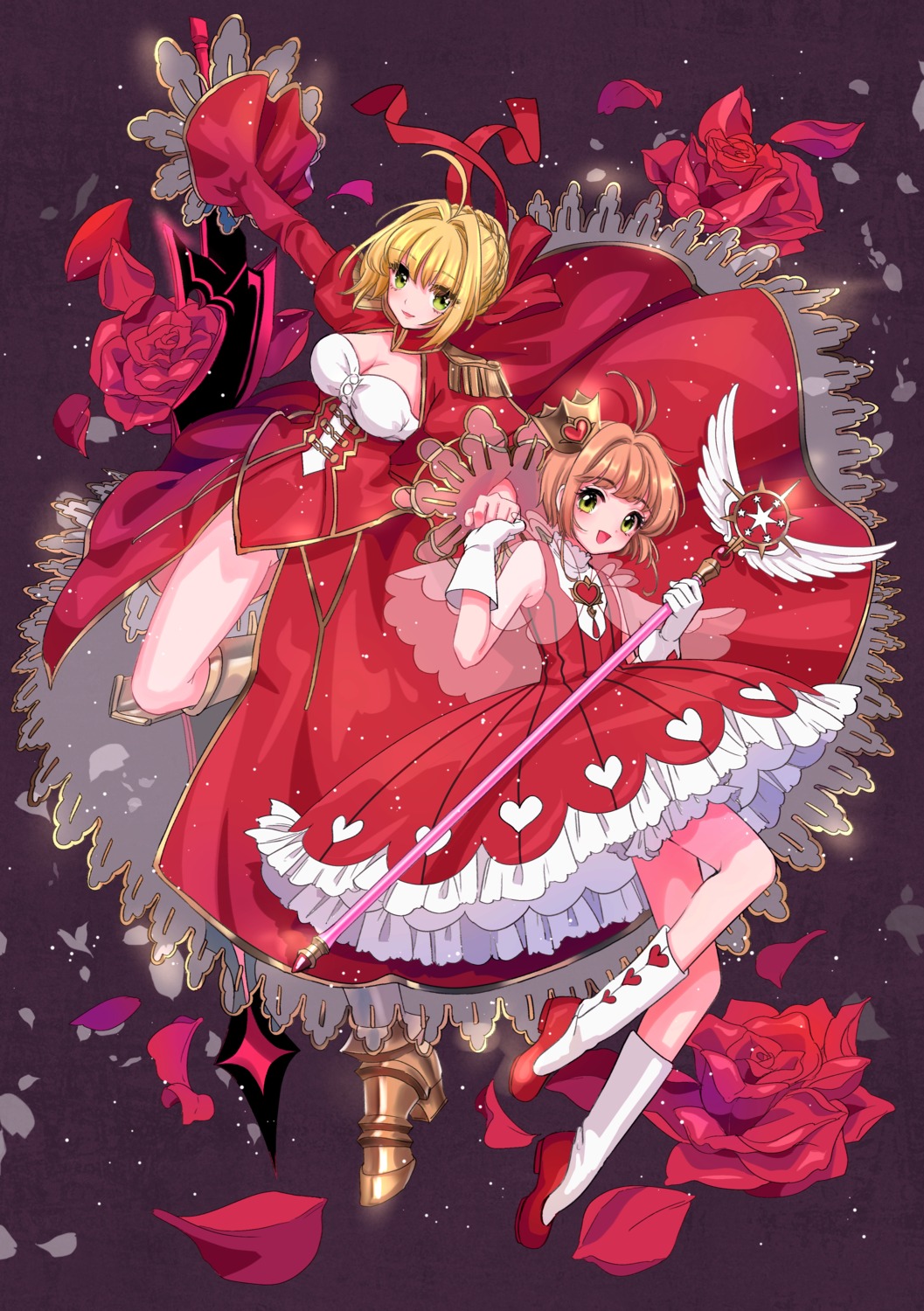 armor, card_captor_sakura, cleavage, crossover, dress, fate/extra, fate/stay_night, heels, kinomoto_sakura, kisumi_rei, nero_claudius_(fate), see_through, skirt_lift, weapon
