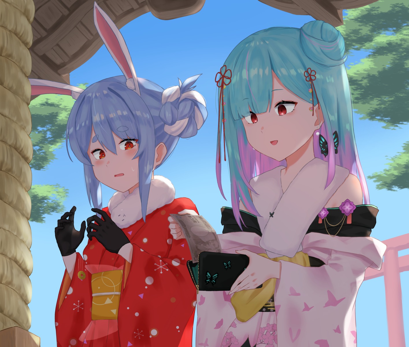 6mint, animal_ears, bunny_ears, hololive, kimono, uruha_rushia, usada_pekora