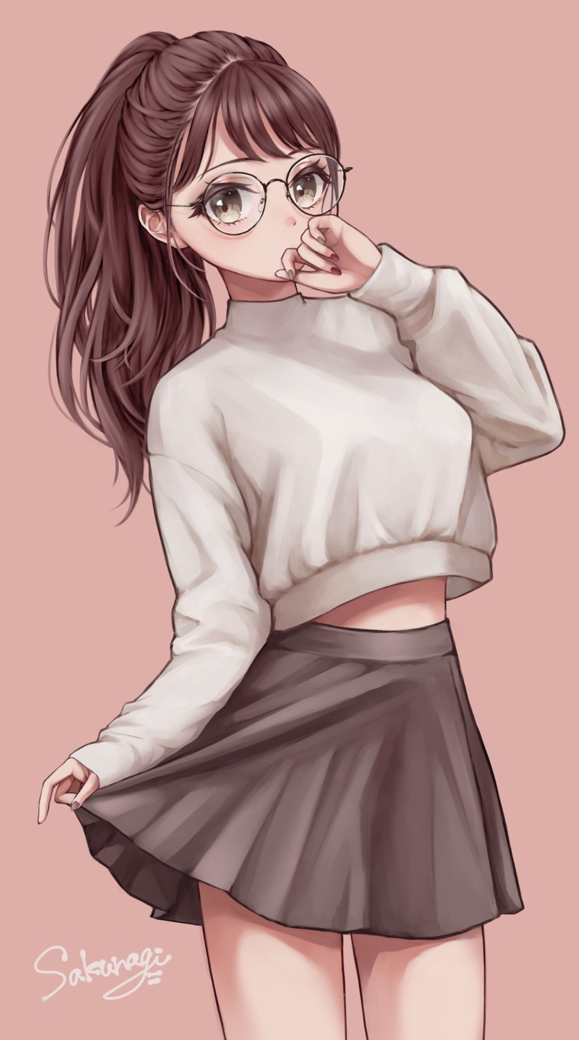 megane, sakunagita, skirt_lift, sweater
