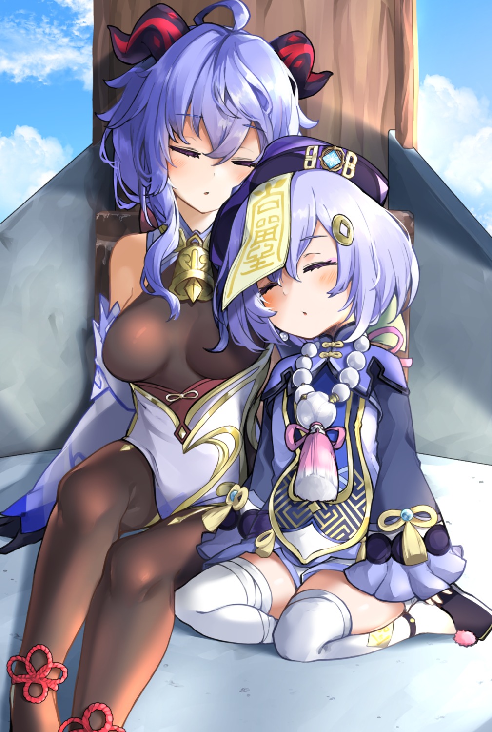 asian_clothes, bandages, ganyu, genshin_impact, horns, leglus, qiqi, thighhighs