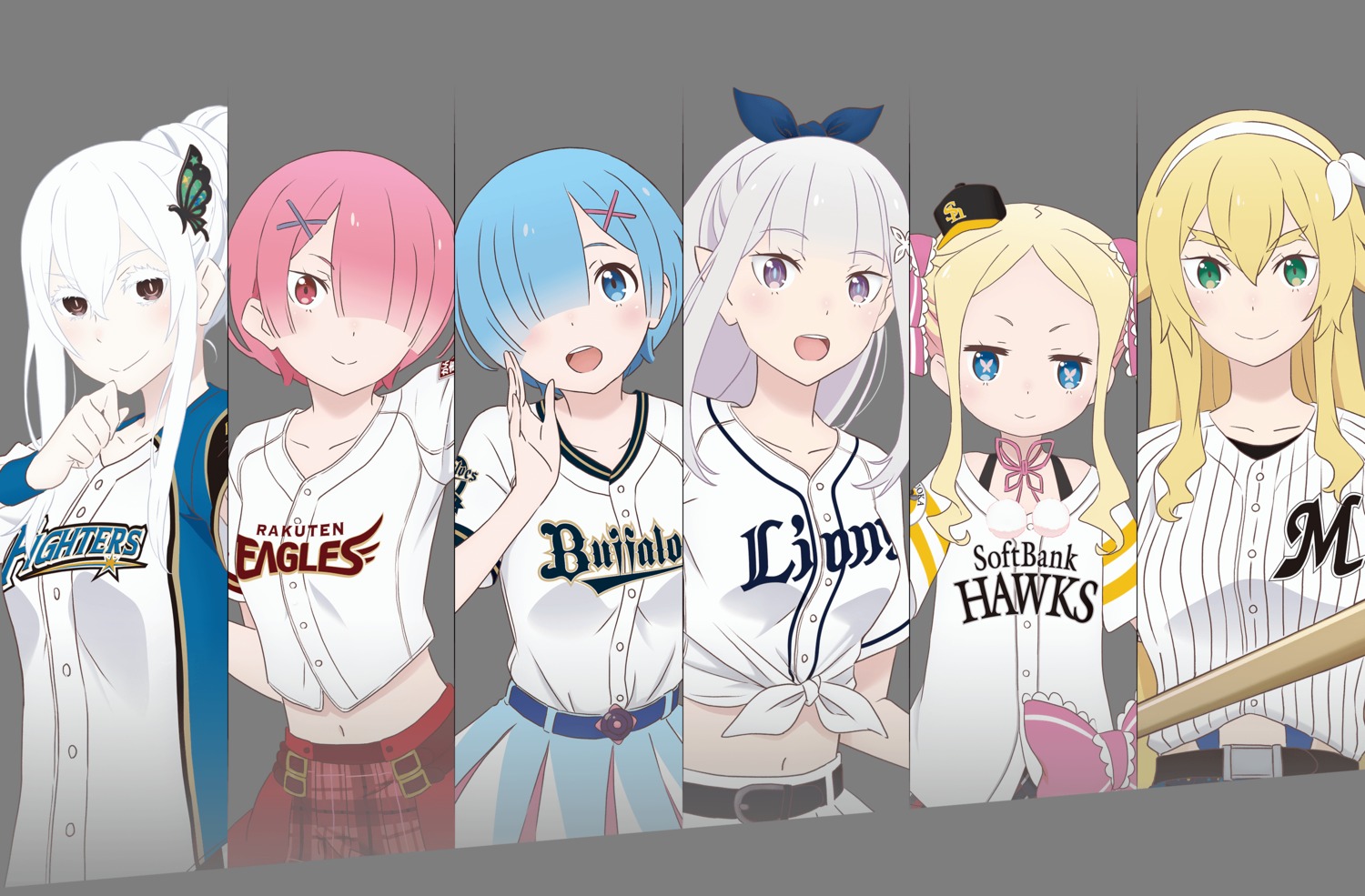 baseball, beatrice_(re_zero), echidna_(re_zero), elf, emilia_(re_zero), frederica_baumann, pointy_ears, ram_(re_zero)