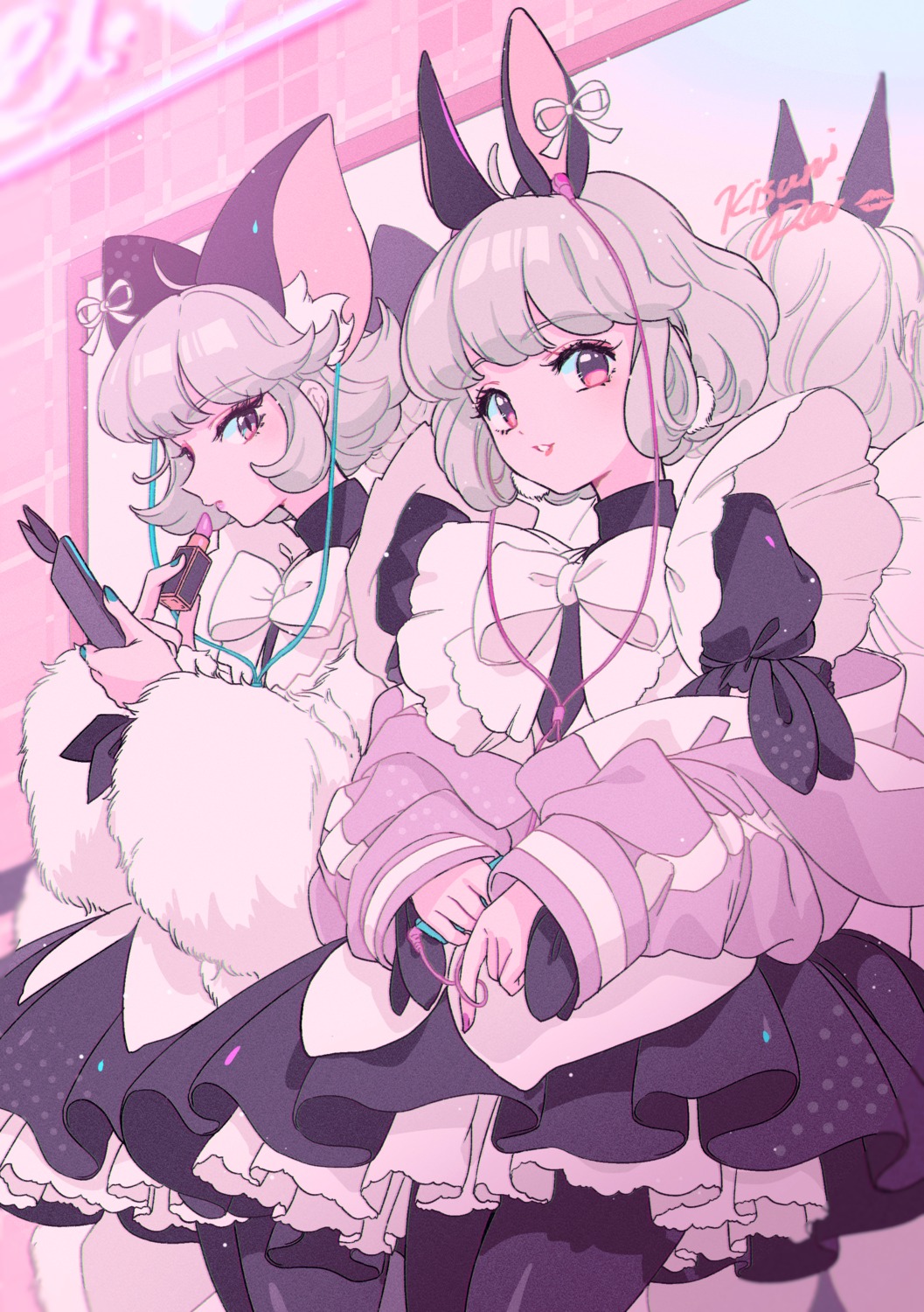 animal_ears, bunny_ears, dress, kisumi_rei, nekomimi, pantyhose