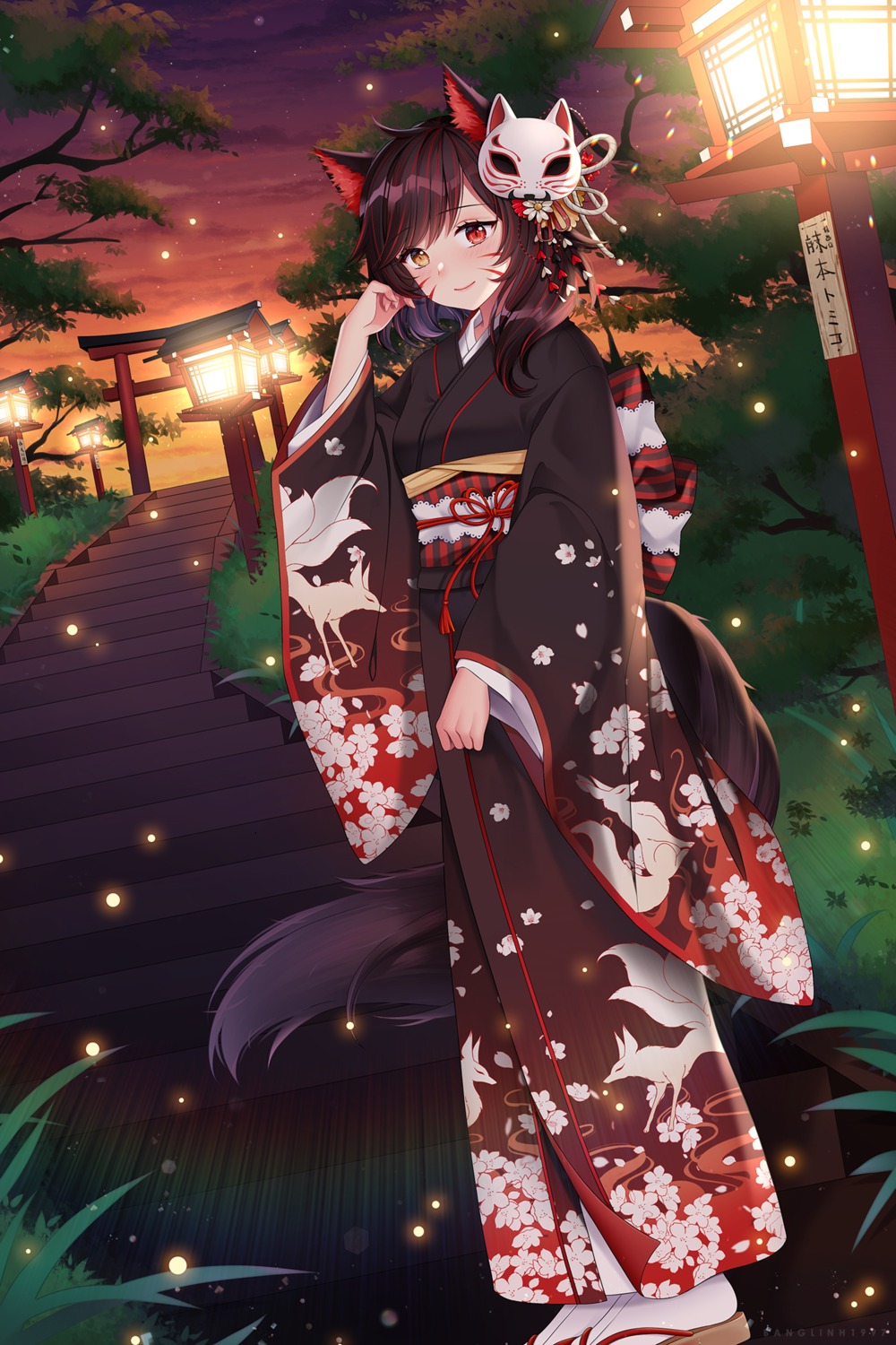 animal_ears, banglinh1997, heterochromia, kimono, tail